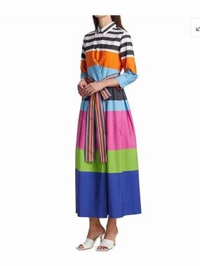 Sara Roka Striped Belted Midi  Shirt Dress